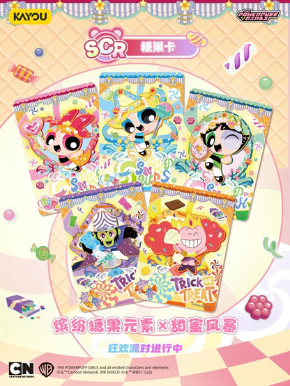 Five Powerpuff Girls collectible trading cards featuring colorful, candy-themed backgrounds, characters, and sweets.
