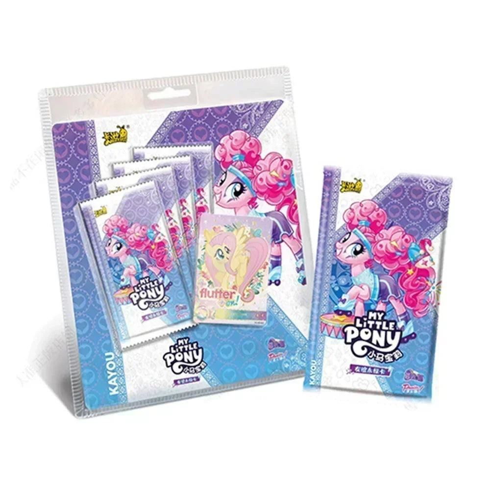 Kayou My Little Pony card packs in purple and blue, featuring pink pony illustrations.