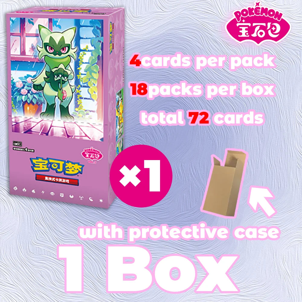 Purple Pokémon booster box with Meowscarada on the front, text listing 4 cards per pack and 18 packs per box.