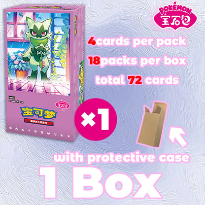 Purple Pokémon booster box with Meowscarada on the front, text listing 4 cards per pack and 18 packs per box.