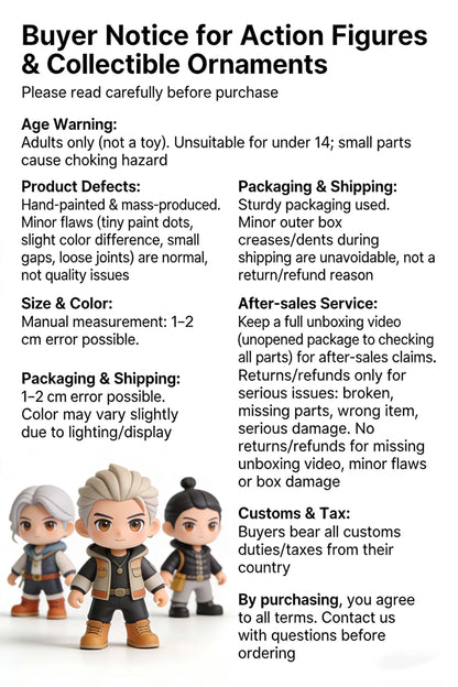 Text and three chibi action figures with gray and white hair.