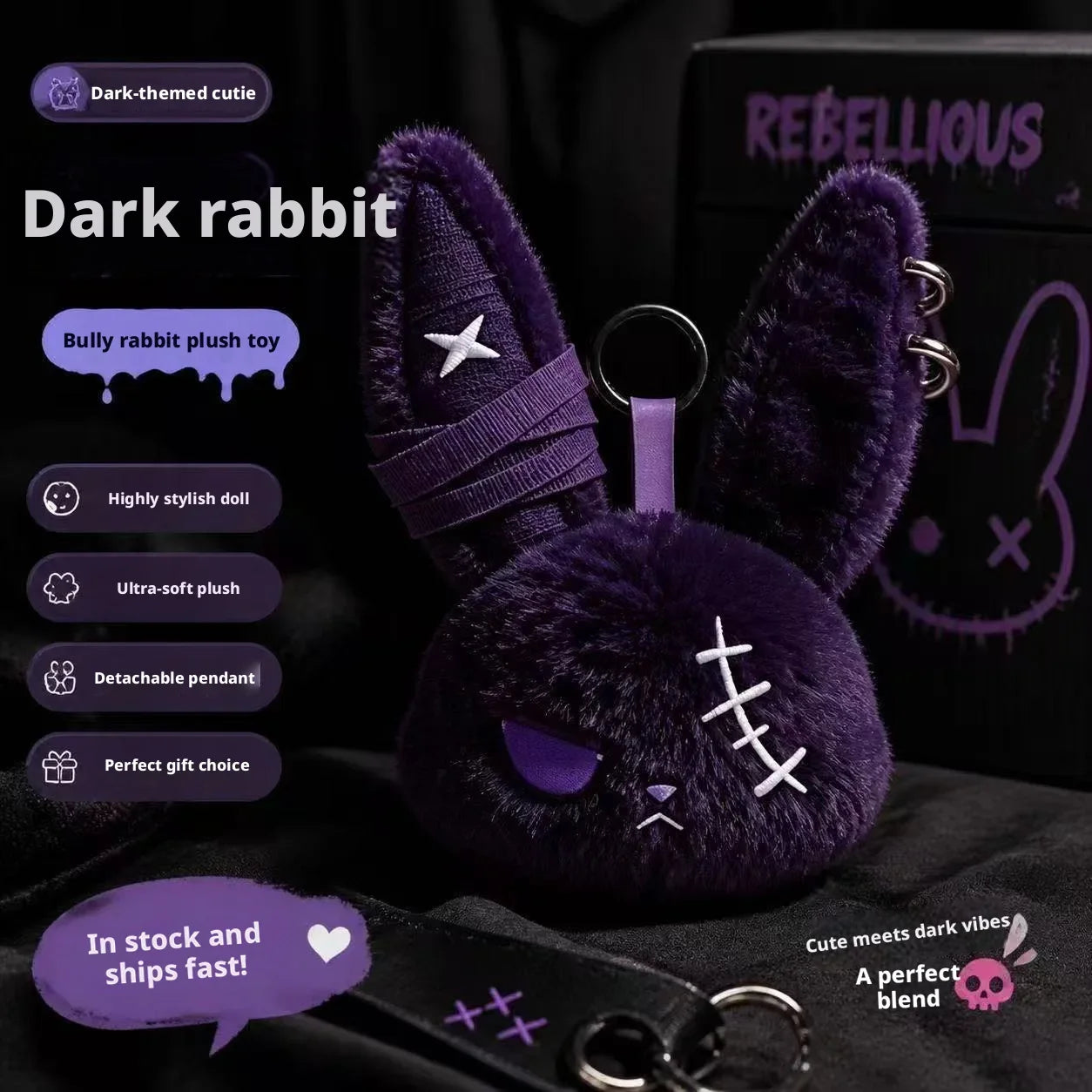 Gothic Bunny Plush Keychain Rabbit Bag Charm with Bandage Design Kawaii Key Ring Pendant Car Bag Ornament Gift