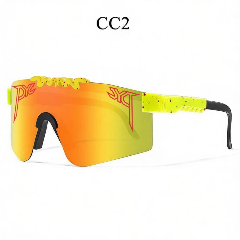 Neon yellow and black sport sunglasses with red-orange reflective lenses and red snake logos.