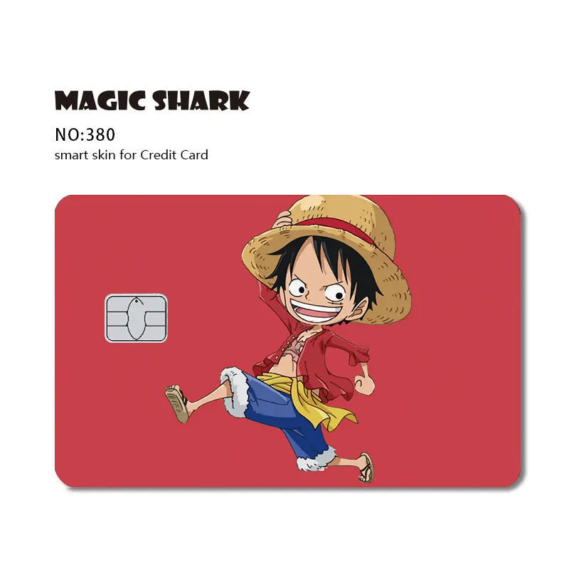 Red credit card skin sticker featuring an anime character in a straw hat, red shirt, and blue shorts.