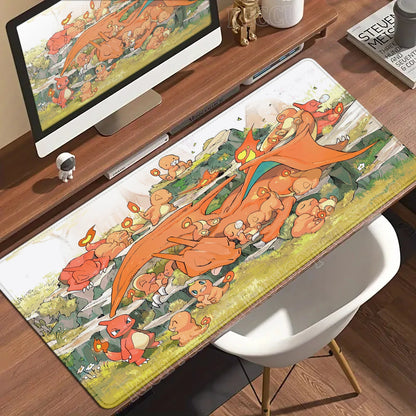 Anime desk mat with orange Charizard and Charmander characters resting in a grassy landscape.