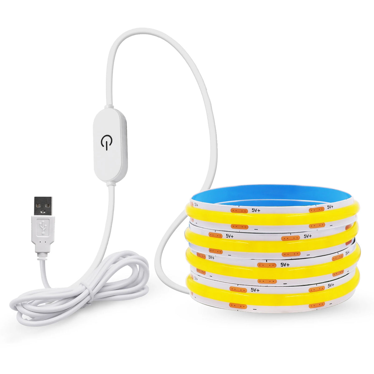 A coiled white COB LED strip light with a USB connector, touch power button, and white cord.
