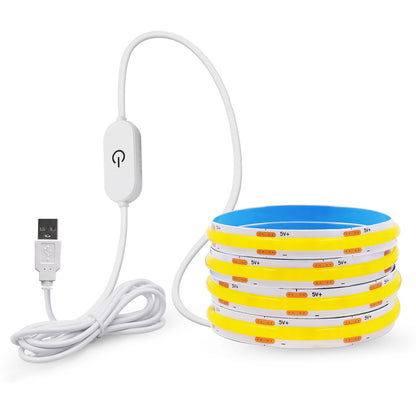 A coiled white COB LED strip light with a USB connector, touch power button, and white cord.