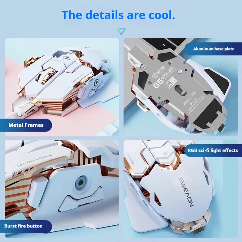 Four angles of a white and gold EWEADN G5 gaming mouse, highlighting metal frames and the aluminum base plate.