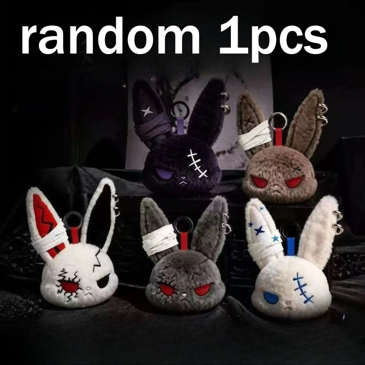 Gothic Bunny Plush Keychain Rabbit Bag Charm with Bandage Design Kawaii Key Ring Pendant Car Bag Ornament Gift