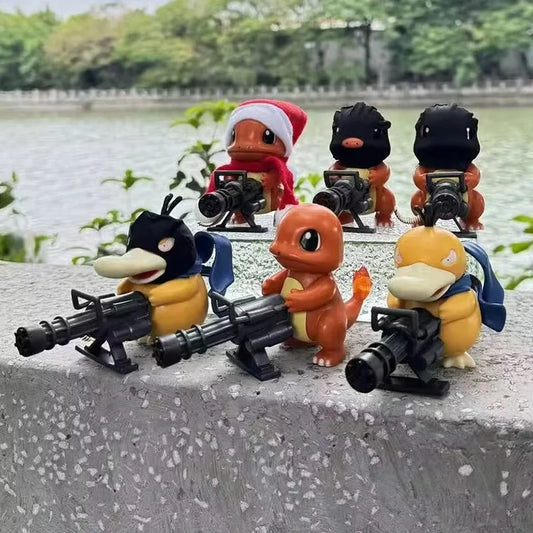 Charmander and Psyduck figures holding black Gatling guns, some wearing black ski masks or a Santa hat.