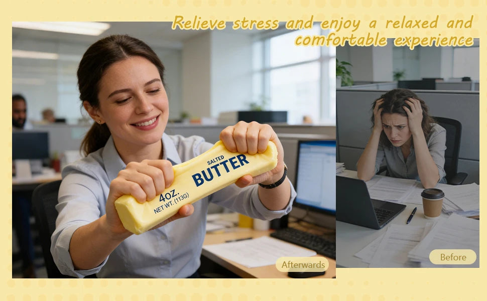 A smiling woman in an office squeezes a yellow stick of butter labeled "SALTED BUTTER 4oz. NET WT."
