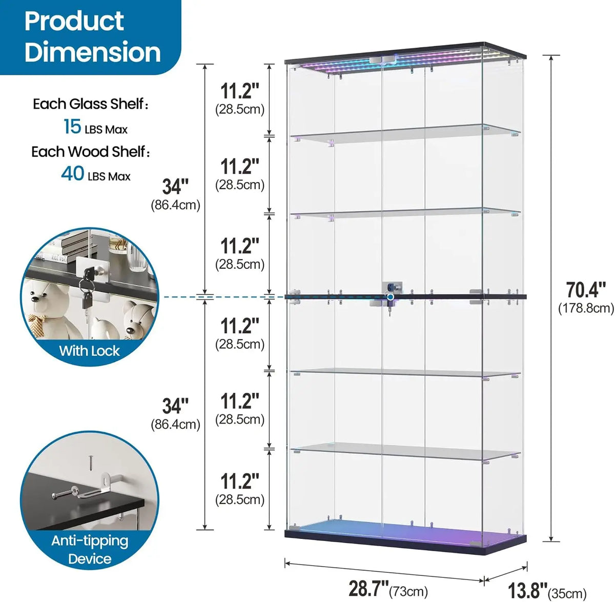 Tall black 6-tier glass display cabinet with dimension arrows and insets showing its lock and anti-tipping device.