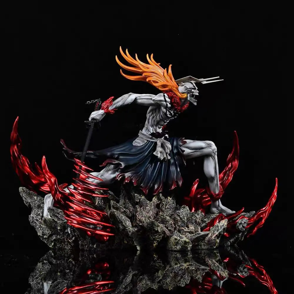 Ichigo hollow form figure with pale grey skin, long orange hair, and a dark blue skirt, posed on a rocky base with red flame effects.