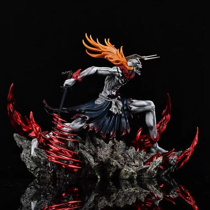 Ichigo hollow form figure with pale grey skin, long orange hair, and a dark blue skirt, posed on a rocky base with red flame effects.