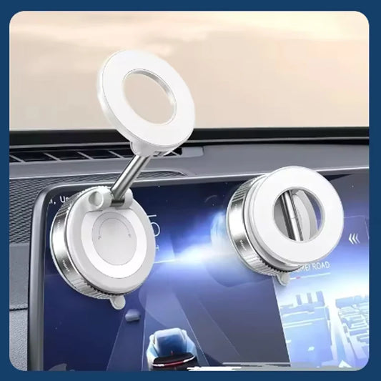 Silver and white foldable magnetic car phone holders mounted on a vehicle's dashboard display screen.