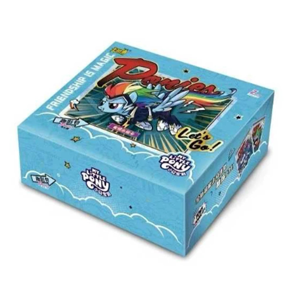 Light blue My Little Pony card booster box featuring Rainbow Dash on the lid with the text Friendship is Magic.