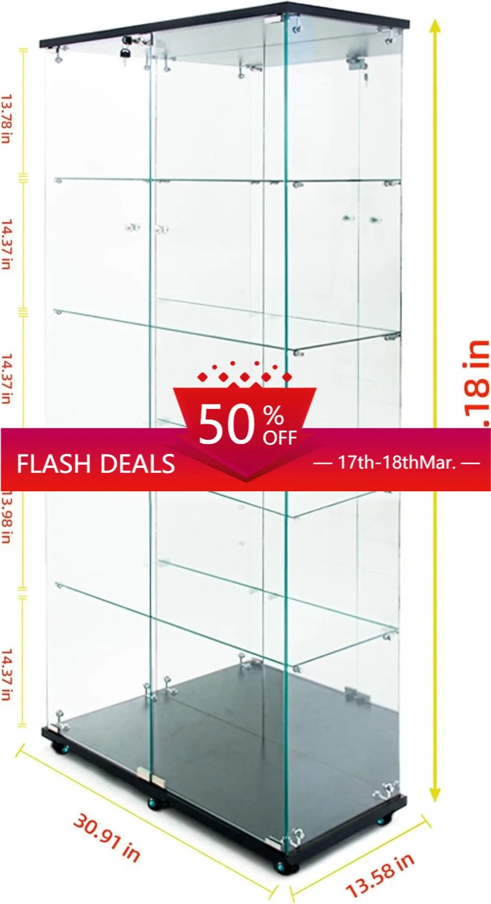 Tall black 5-tier glass display cabinet with dimensions overlaid and a red "50% OFF FLASH DEALS" banner across the middle.