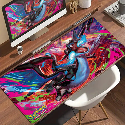 A large desk mat featuring a black and blue Charizard in flight against a fiery red, pink, and blue background.