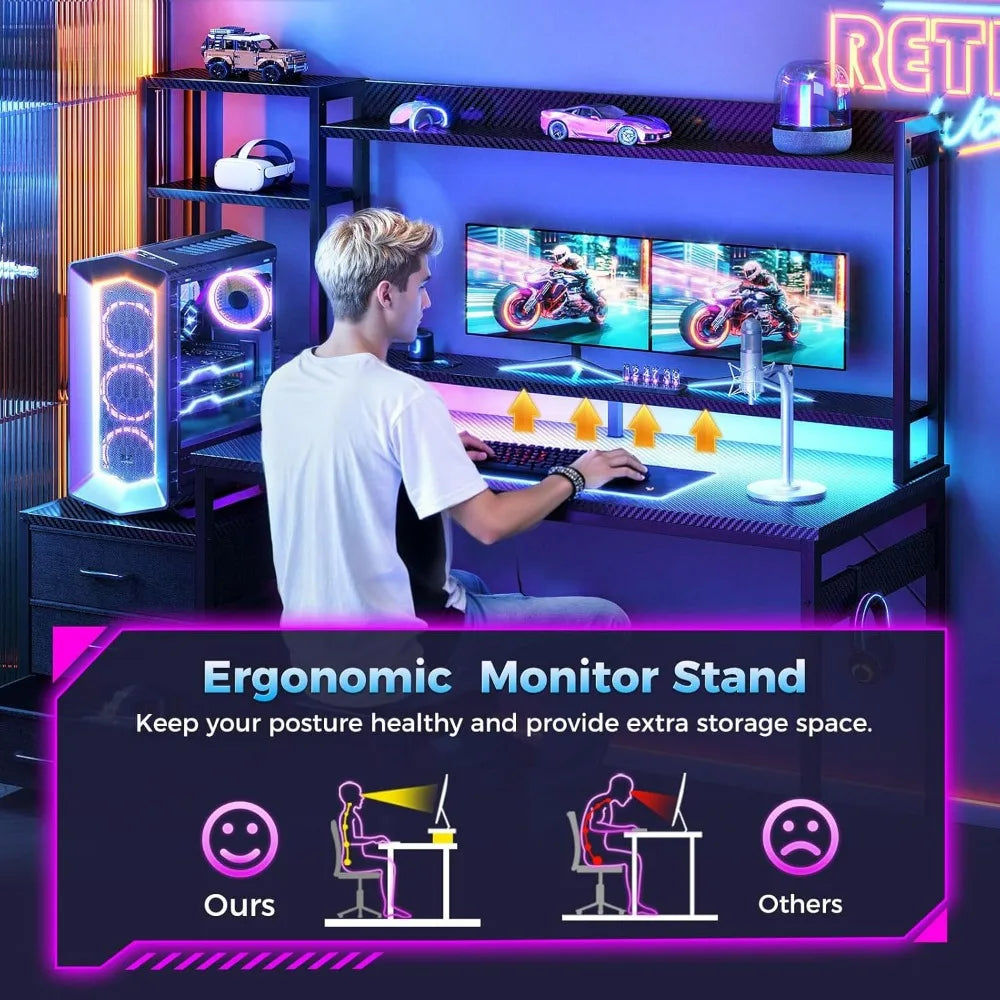 A person sits at a black gaming desk with LED lights, dual monitors, a hutch, and a large PC tower, with a posture diagram.