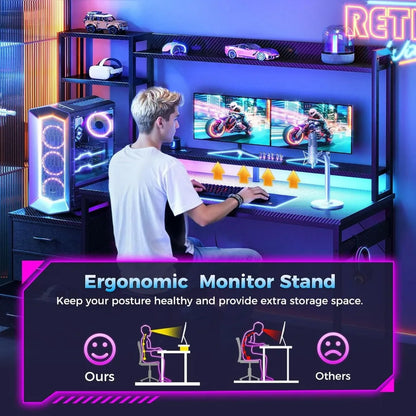 A person sits at a black gaming desk with LED lights, dual monitors, a hutch, and a large PC tower, with a posture diagram.