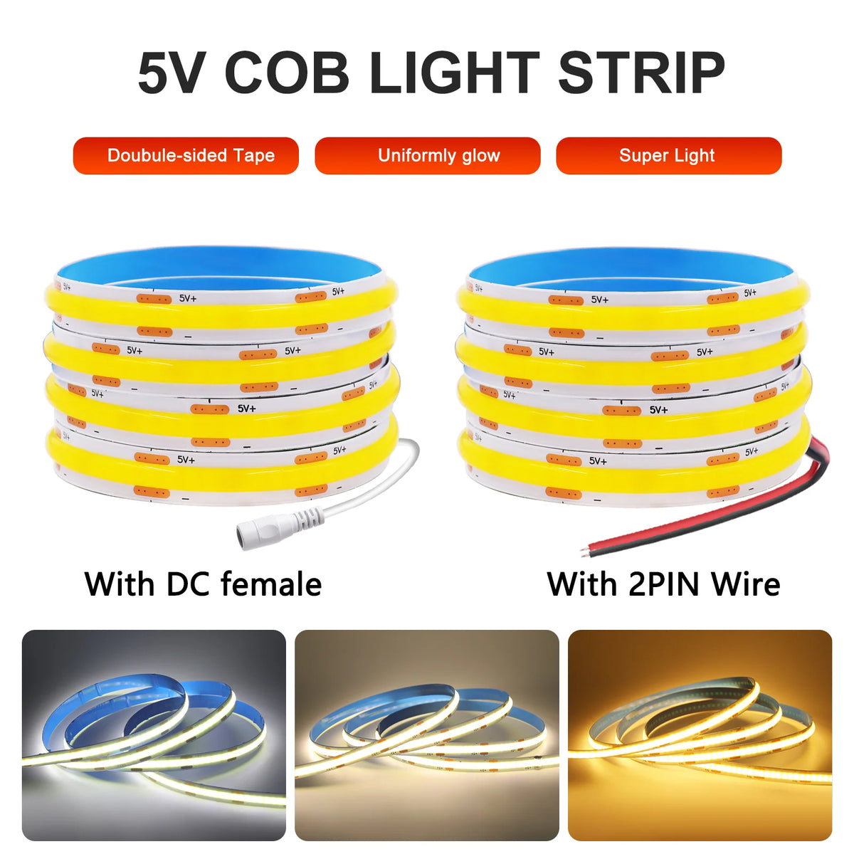 Two rolls of yellow COB LED strip lights, one with a DC female connector and one with a 2PIN wire, shown glowing in three colors.