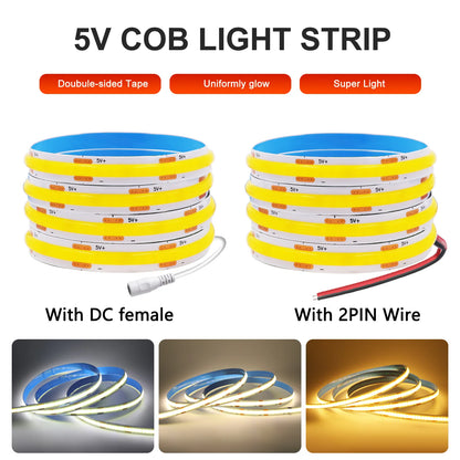 Two rolls of yellow COB LED strip lights, one with a DC female connector and one with a 2PIN wire, shown glowing in three colors.
