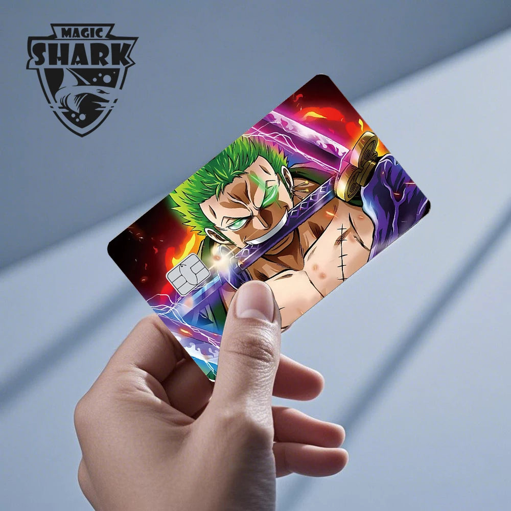 Anime card sticker featuring a green-haired swordsman with a sword in his mouth, set against red and purple energy.