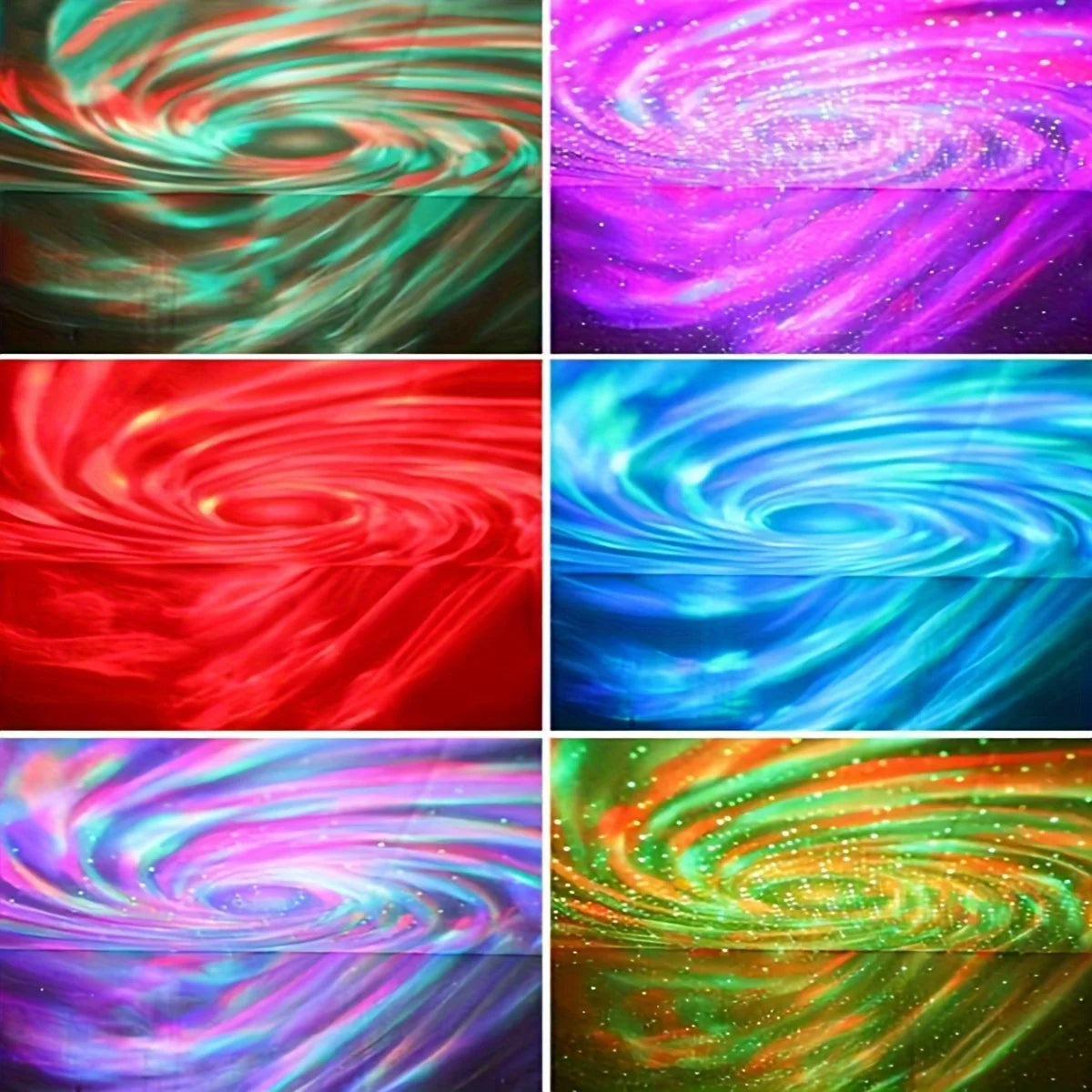 Six swirled galaxy projection patterns in green, purple, red, blue, multicolored, and green-orange.