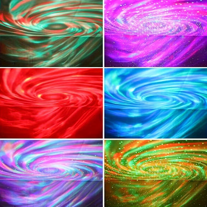 Six swirled galaxy projection patterns in green, purple, red, blue, multicolored, and green-orange.