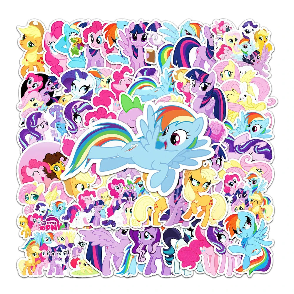 A collection of My Little Pony cartoon character stickers in vibrant colors.