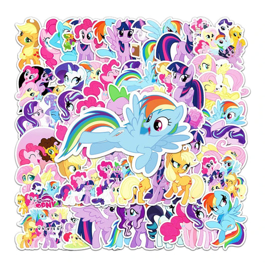 A collection of My Little Pony cartoon character stickers in vibrant colors.