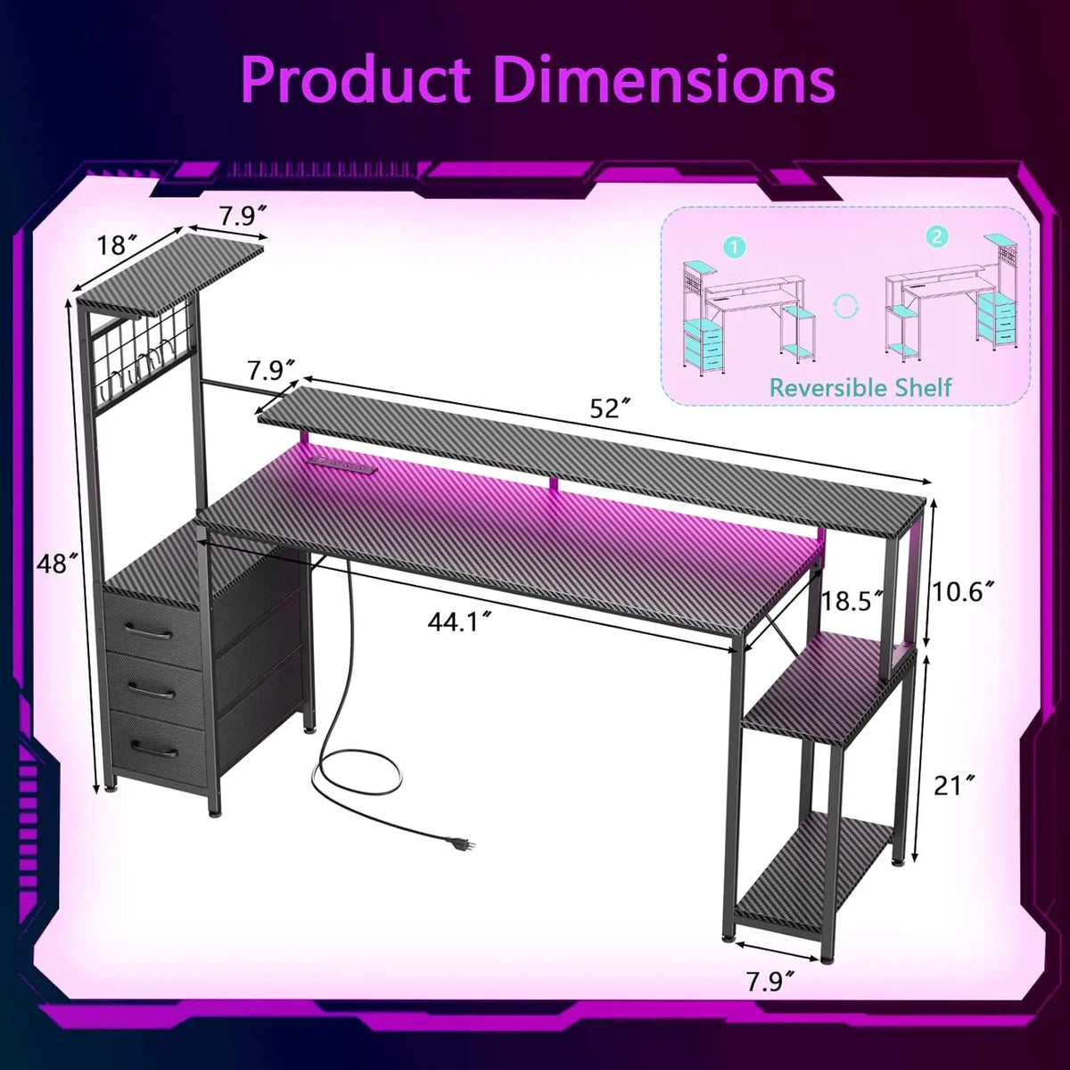 Black 63-inch gaming desk diagram with dimensions, three fabric drawers, upper shelf, and purple LED backlighting.