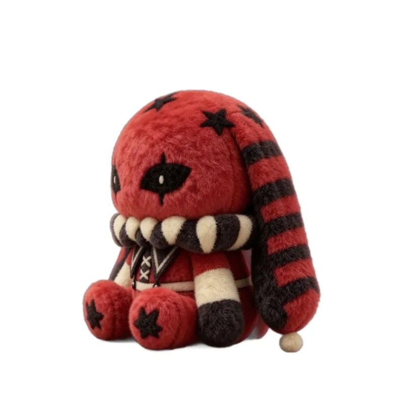 Red and black Pierrot rabbit plush with star prints, striped long ears, and a ruffled collar.