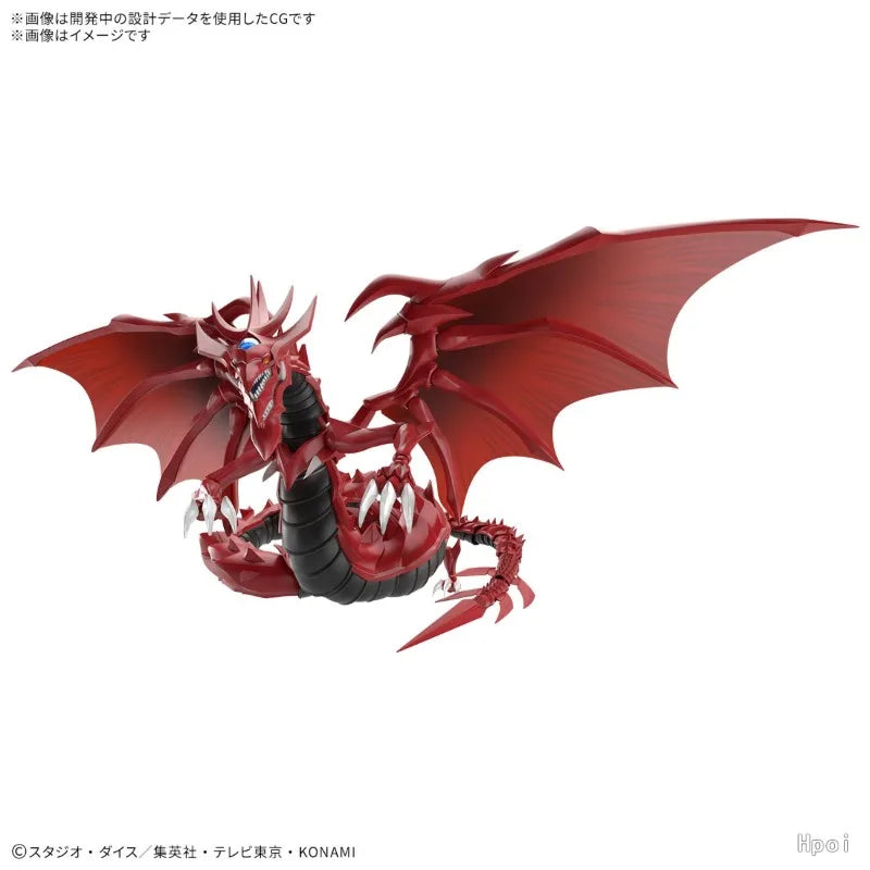 Red posable Slifer the Sky Dragon model with large wings, a segmented black underbelly, and white claws.