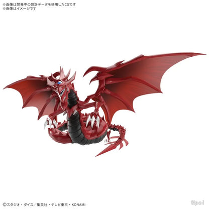Red posable Slifer the Sky Dragon model with large wings, a segmented black underbelly, and white claws.