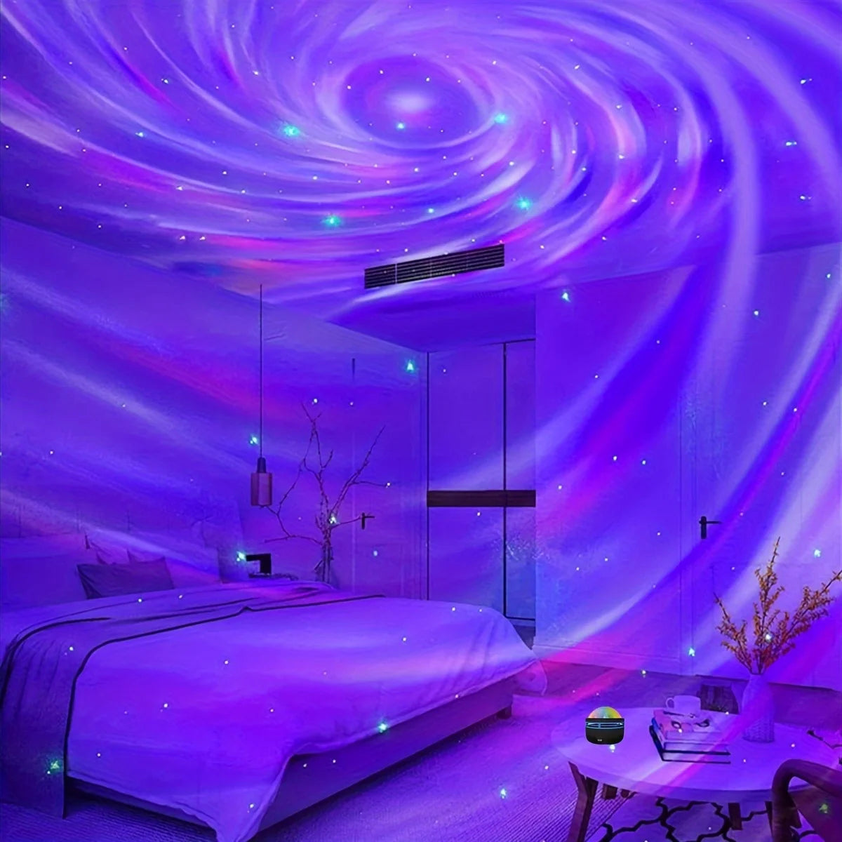 A bedroom illuminated with purple and blue galaxy projections on walls and ceiling, featuring green stars.