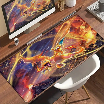Large desk mat features Charizard breathing fire against a dynamic red and orange explosion and dark, starry sky.