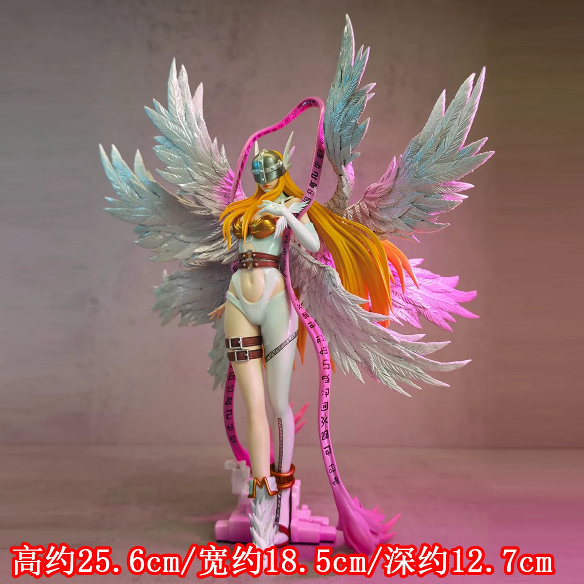 Angewomon anime PVC figure with large white feathered wings, long blonde hair, helmet, and a pink rune ribbon.