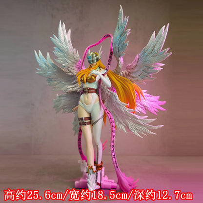 Angewomon PVC statue with eight white wings, long blonde hair, helmet, and a pink rune ribbon.