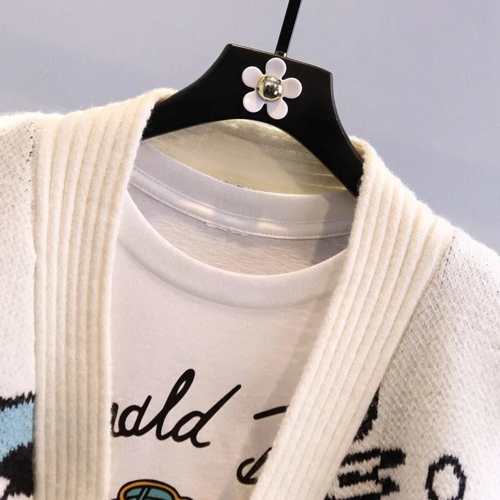 Spring/Autumn Cartoon-print Jacquard Jumper Loose-fitting Relaxed-fit Knitted Cardigan