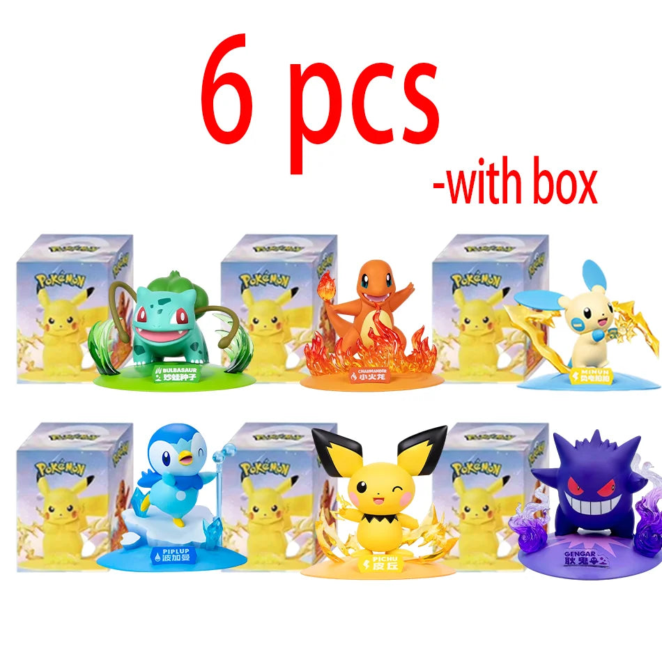 Six colorful Pokémon action figures with matching boxes: Bulbasaur, Charmander, Minun, Piplup, Pichu, and Gengar.