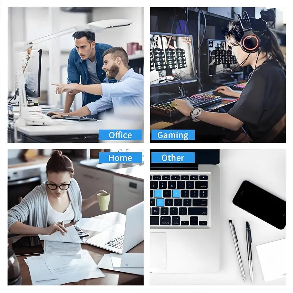 Four-panel grid showing people using computers in an office, gaming setup, home, and other settings.