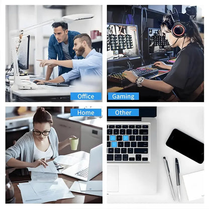 Four-panel grid showing people using computers in an office, gaming setup, home, and other settings.