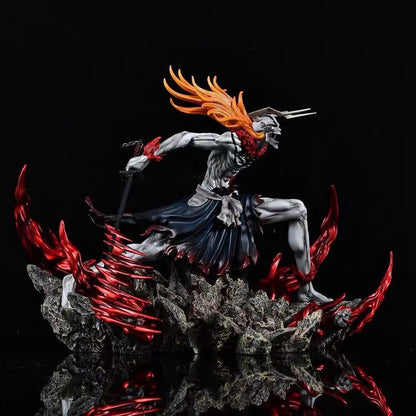 Bleach Ichigo figurine in a horned mask, pale skin, long orange hair, dark clothing, standing on rocky, red-flamed base.