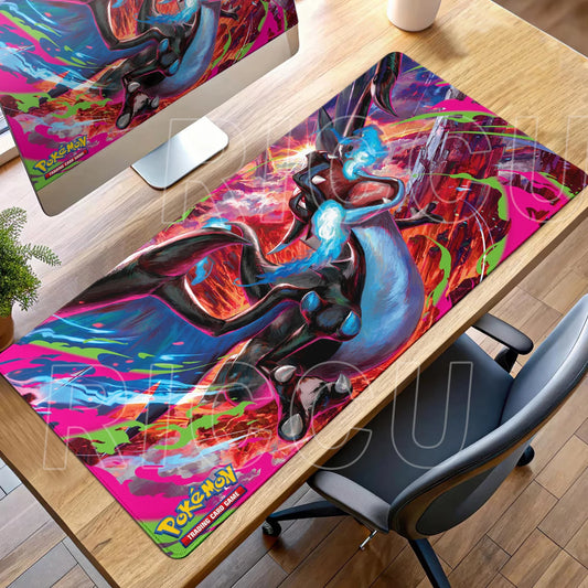Charizard desk mat features a black and blue dragon amid red, pink, and green abstract splashes.