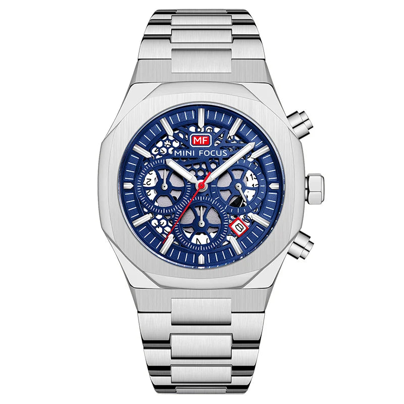 MINI FOCUS Motley Chronograph Quartz Watches Men Stainless Steel Business Sport Wristwatch with Luminous Hands Auto Date 0411
