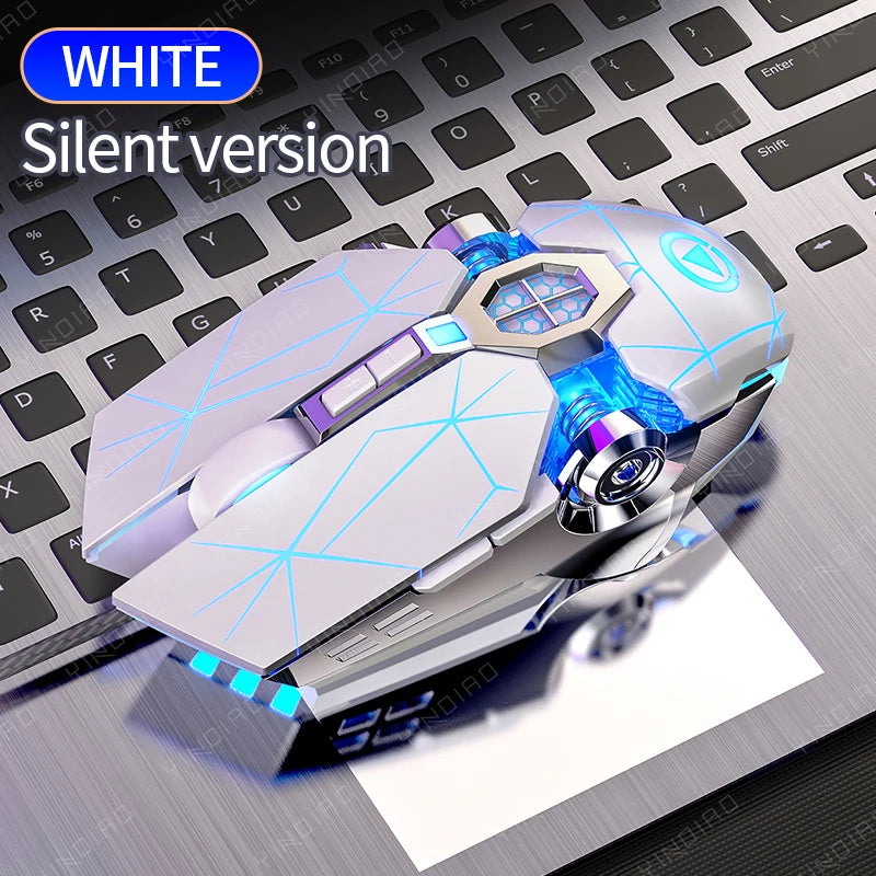 White ergonomic gaming mouse with blue glowing geometric lines rests on a laptop keyboard.