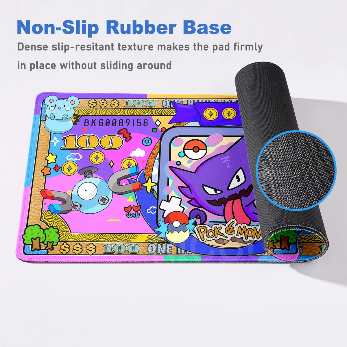 Colorful Pokémon themed desk mat featuring Gengar and Magnemite on a bank note design.
