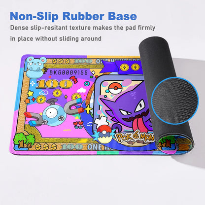 Colorful Pokémon themed desk mat featuring Gengar and Magnemite on a bank note design.