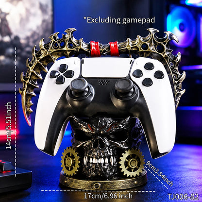 Steampunk skull controller holder in black and antique gold, featuring gears and spiked details.
